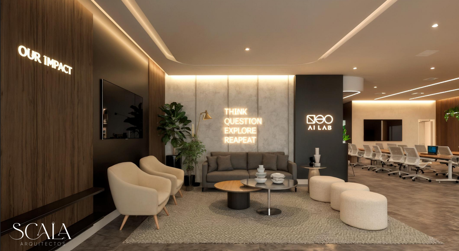 Sala de estar del Neo AI Lab con el mural THINK QUESTION EXPLORE REPEAT